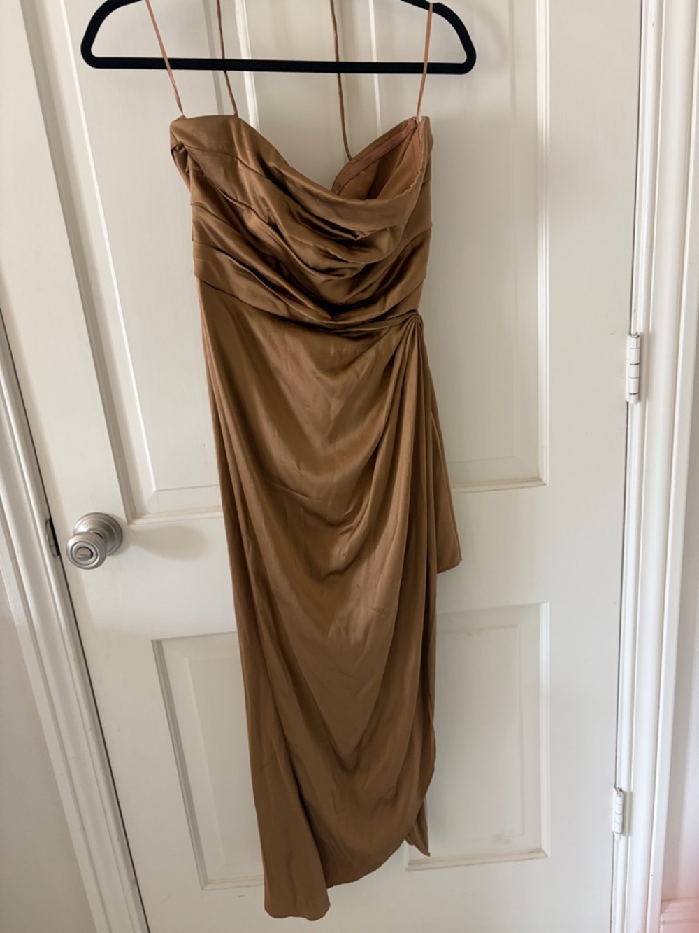 One-Shoulder Draped Satin Dress in Camel Brown